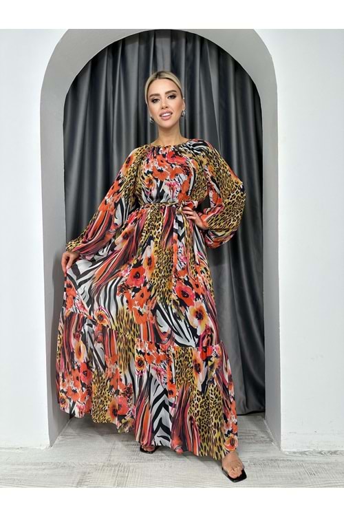 Leopar Desenli Şifon Elbise 30499 - Turuncu - 40