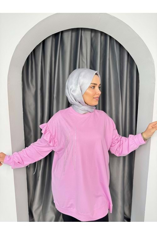 Taş Ve Fırfır Detaylı Tunik 15609 - Pembe - TEK BEDEN - AZRA04633-Pembe-TEK BEDEN