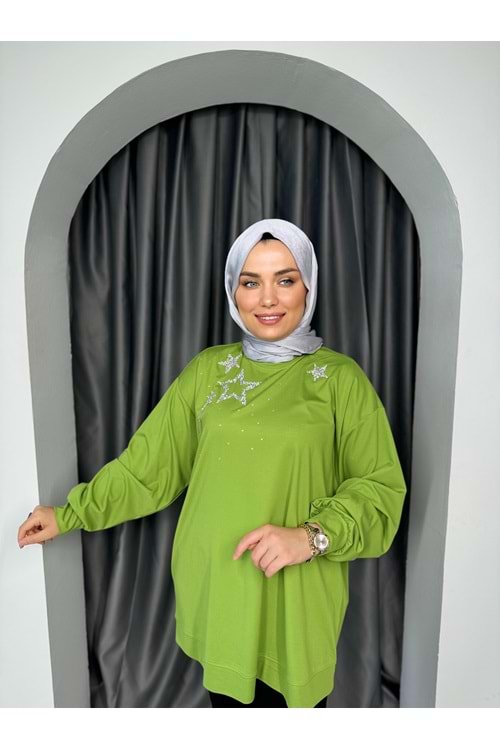 Yıldız Taşlı Modal Tunik 33008 - Yeşil - TEK BEDEN