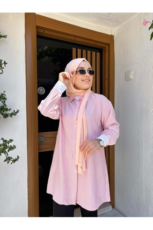 Basıc Çizgili Gömlek 6895 - Pembe - S