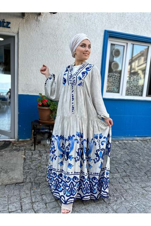 Zambak Desenli Elbise 144 - Saks Mavi - L-XL