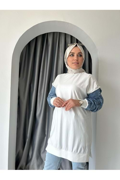 Puane Kolları Kot Detaylı Tunik 10410 - Ekru - L-XL - AZRA04649-Ekru-L-XL