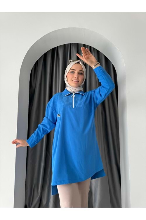 Puane Yakalı Fermuarlı Spor Tunik 10441 - Mavi - S-M - AZRA04706-Mavi-S-M