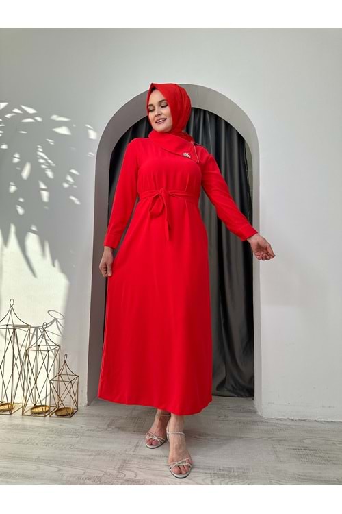 Puane Ema Yaka Taşlı Abiye 12532 - Kırmızı - S