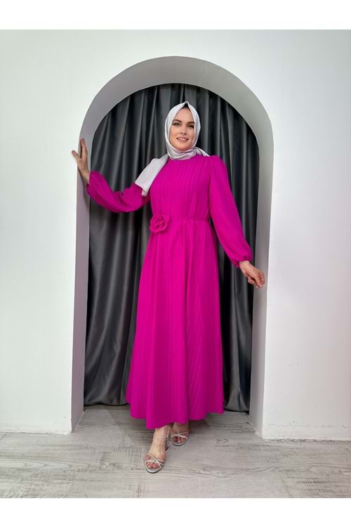 Puane Sim Çizgili Güllü Abiye 12541 - Fuşya - 38