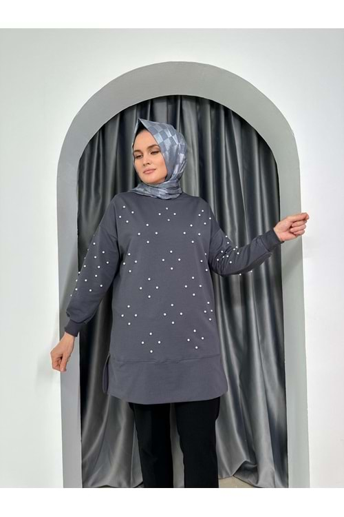 İnci Detaylı İki iplik Tunik 25224 - Füme - L-XL