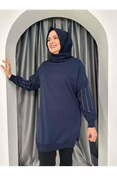 Kolları Taş Detaylı İki İplik Tunik 25156 - Lacivert - L-XL