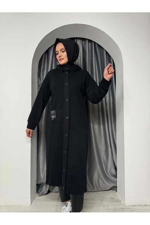 Triko Detaylı Uzun Hırka 15179 - Siyah - L - AZRA04964-Siyah-L