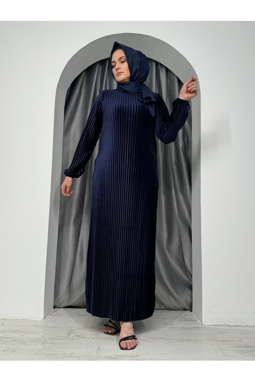 Piliseli Kadife Elbise 2275 - Lacivert - 38 - AZRA04978-Lacivert-38