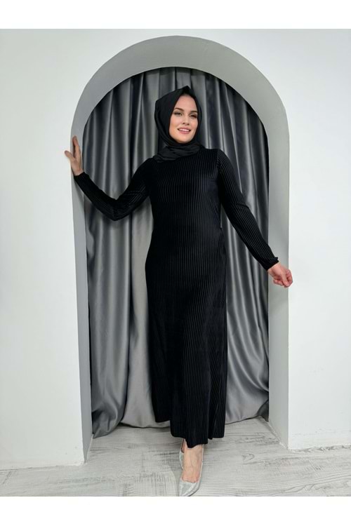 Piliseli Kadife Elbise 2275 - Siyah - 38 - AZRA04978-Siyah-38