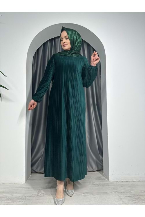 Piliseli Kadife Elbise 2275 - Zümrüt Yeşili - 38 - AZRA04978-Zümrüt Yeşili-38