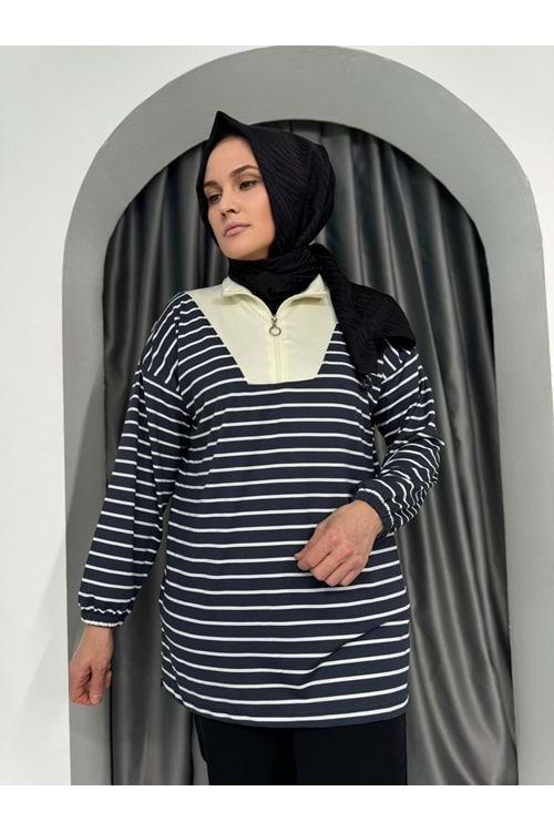 Yarım Fermuarlı Modal Çizgili Tunik 736 KS11 - Füme - L-XL - AZRA04980-Füme-L-XL