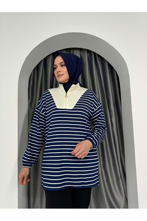 Yarım Fermuarlı Modal Çizgili Tunik 736 KS11 - Lacivert - L-XL - AZRA04980-Lacivert-L-XL