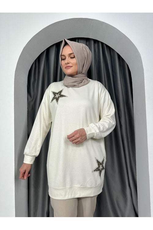 Çift Yıldız Baskılı Tunik 25258 - Beyaz - S - AZRA04990-Beyaz-S