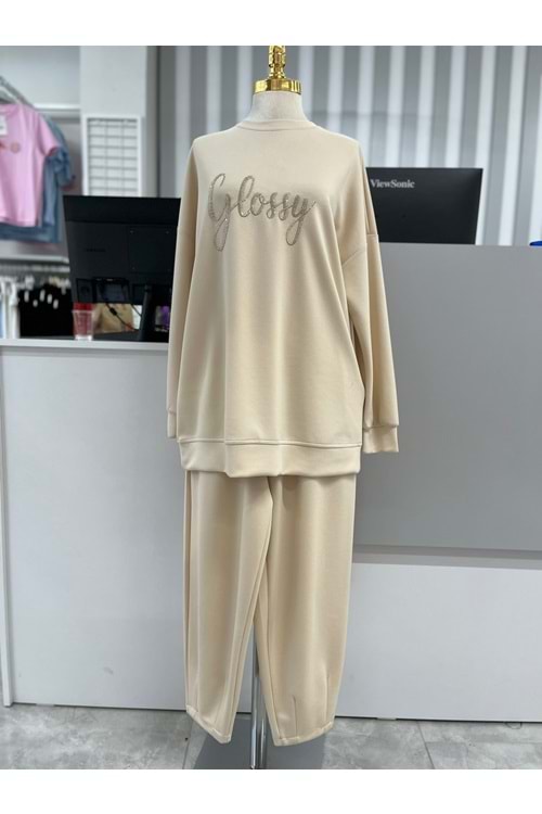 Nakış Ve Taş Yazılı Takım 33280 - Bej - M - AZRA05004-Bej-M