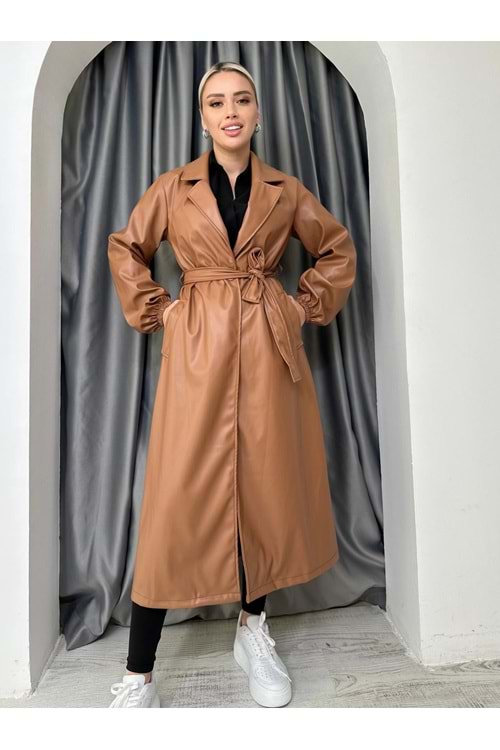 Uzun Deri Trenç 9029 - azra fashion - Kahve Rengi - S