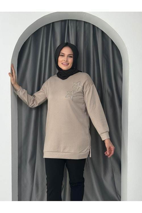 Yıldız Taş Detaylı Yırtmaçlı Oysho Tunik 744 - Vizon - S-M - AZRA05028-Vizon-S-M