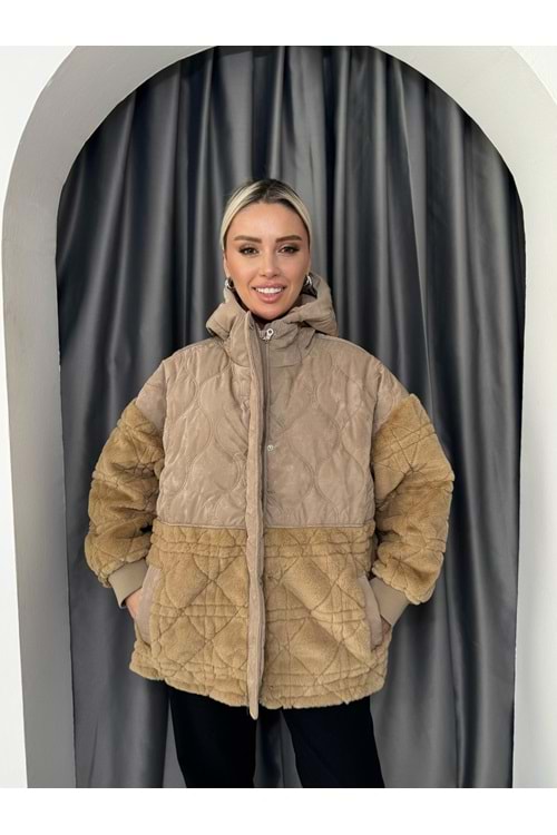 Kapşonlu Süet Peluş Mont 06066 - Sütlü Kahve - S-M - AZRA05059-Sütlü Kahve-S-M