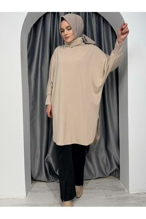 İkoll Yarasa Kol Oversize Tunik 33652 - Bej - TEK BEDEN - AZRA05066-Bej-TEK BEDEN