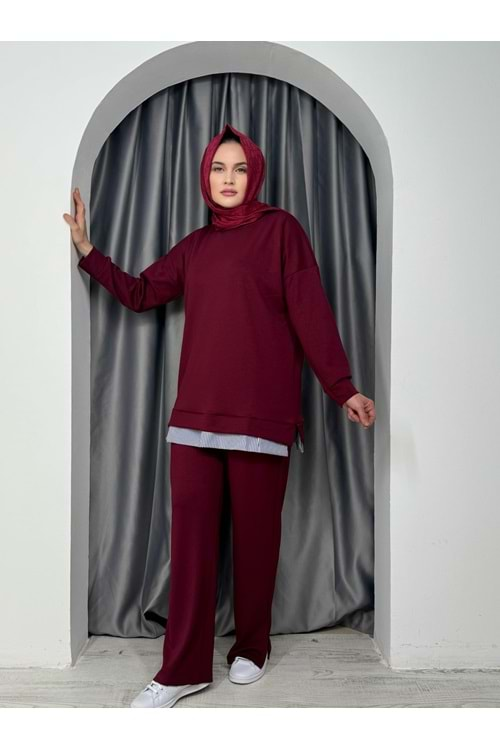 Oysho Eteği Gömlek Garnili Takım 3368 - Bordo - L - AZRA05082-Bordo-L