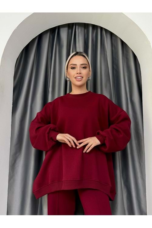 3 İplik Oversize Sweat 25291 - Bordo - TEK BEDEN - AZRA05087-Bordo-TEK BEDEN