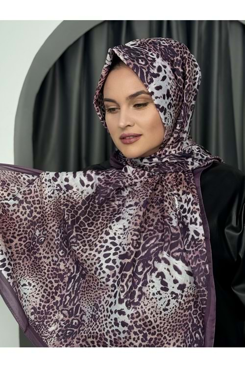 Küçük Leopar Desen Soft Şal 2269 - Mürdüm - TEK BEDEN - AZRA05095-Mürdüm-TEK BEDEN