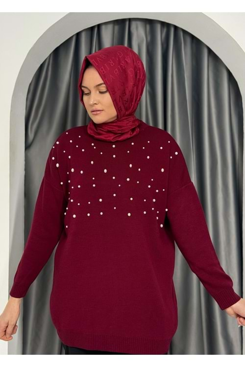 İncili Salaş Triko Tunik 2857 - Bordo - TEK BEDEN - AZRA05117-Bordo-TEK BEDEN