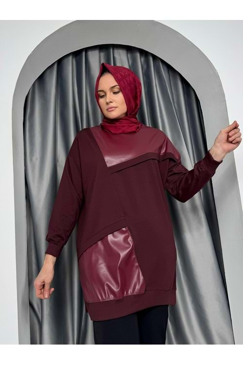 Deri Detaylı 2 İplik Tunik 25299 - Bordo - L-XL