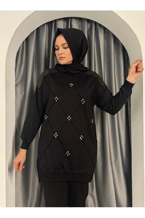 Omuzları Deri Taşlı Tunik 25298 - Siyah - L-XL