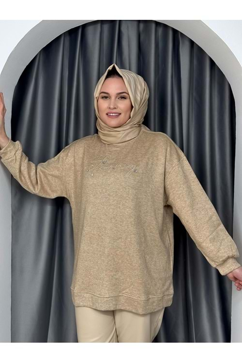 İkoll Nakış ve Taş Detaylı Tunik 33428 - Camel - TEK BEDEN