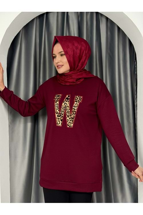 W Leopar Nakışlı Oysho Yırtmaçlı Tunik 760 - Bordo - L-XL