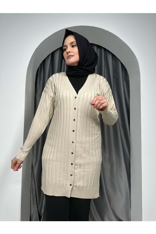 Çizgili Merserize Hırka 3179 - Bej - TEK BEDEN - AZRA05355-45145