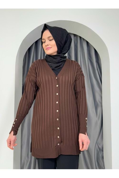 Çizgili Merserize Hırka 3179 - azra fashion - Acı Kahve - TEK BEDEN