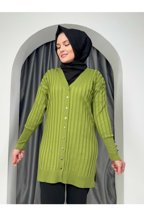 Çizgili Merserize Hırka 3179 - azra fashion - Fıstık Yeşili - TEK BEDEN