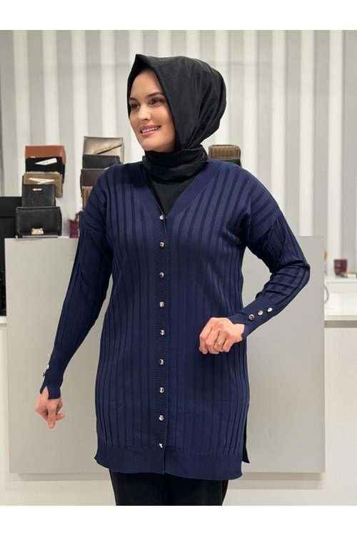 Çizgili Merserize Hırka 3179 - Lacivert - TEK BEDEN - AZRA05355-58680