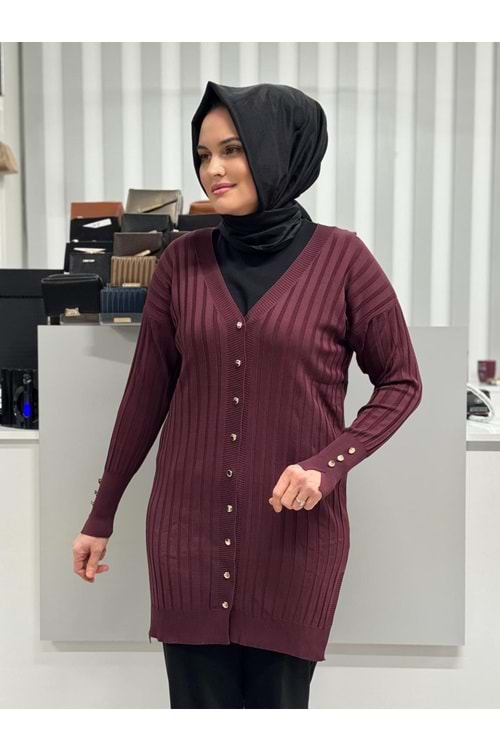 Çizgili Merserize Hırka 3179 - Mürdüm - TEK BEDEN - AZRA05355-58681