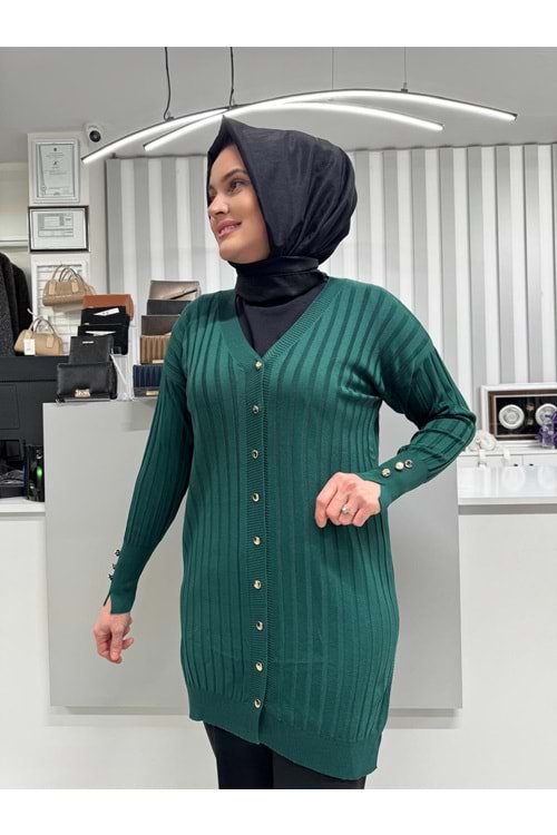 Çizgili Merserize Hırka 3179 - Zümrüt Yeşili - TEK BEDEN - AZRA05355-58682