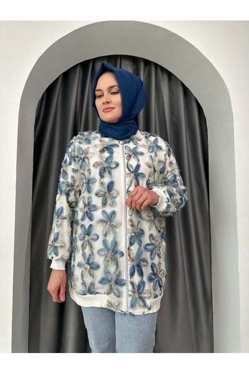 Çiçek İşlemeli Tül Detaylı Hırka 140067 - Beyaz - 40 - AZRA05386-44960