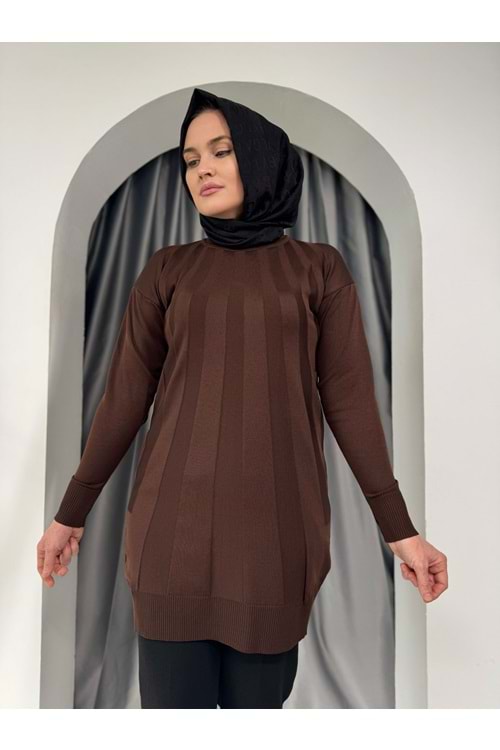 Büyük Şeritli Merserize Tunik 3190 - Acı Kahve - TEK BEDEN - AZRA05422-45445