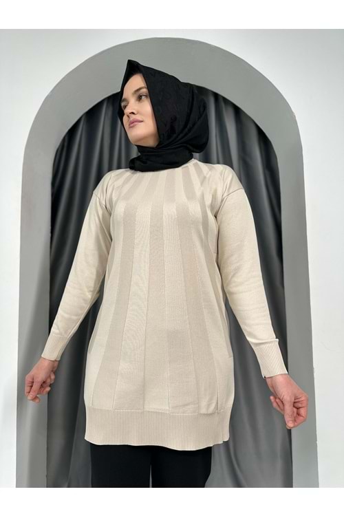 Büyük Şeritli Merserize Tunik 3190 - Bej - TEK BEDEN - AZRA05422-45446