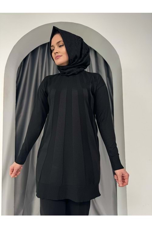 Büyük Şeritli Merserize Tunik 3190 - Siyah - TEK BEDEN - AZRA05422-45453