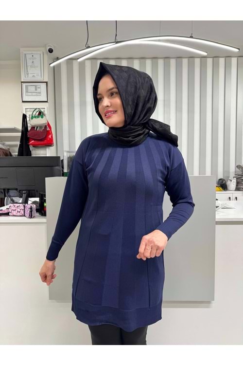 Büyük Şeritli Merserize Tunik 3190 - Lacivert - TEK BEDEN