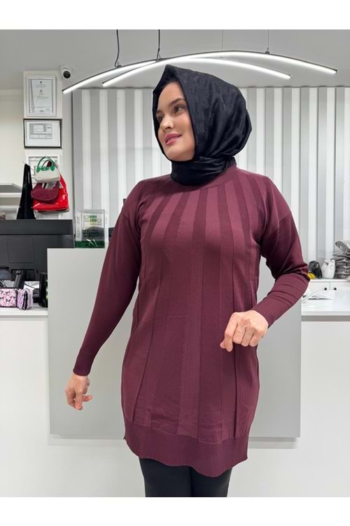 Büyük Şeritli Merserize Tunik 3190 - Mürdüm - TEK BEDEN