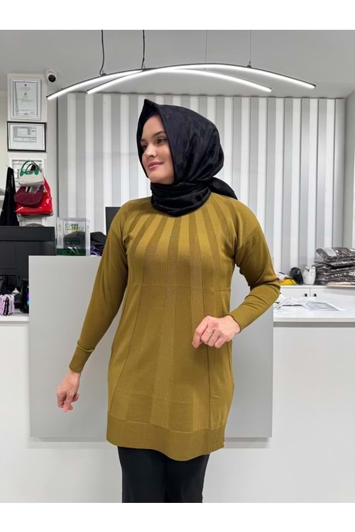 Büyük Şeritli Merserize Tunik 3190 - Yağ Yeşili - TEK BEDEN