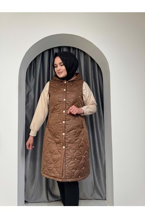 Taşlı Uzun Kapitone Yelek 8031 - Acı Kahve - 42