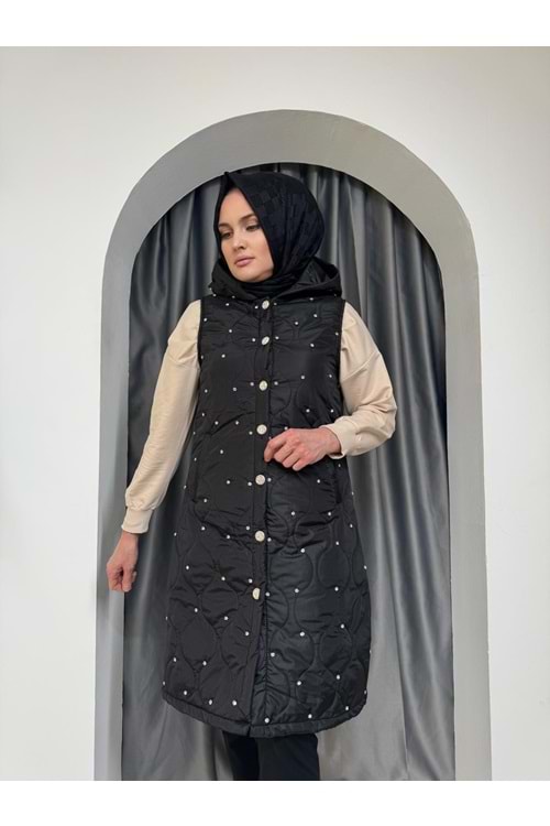 Taşlı Uzun Kapitone Yelek 8031 - Siyah - 38