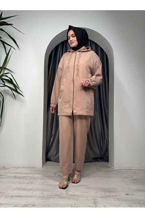 Fermuarlı Kanguru Cepli Dabıl Takım 1748 - Sütlü Kahve - 40 - AZRA05458-45787