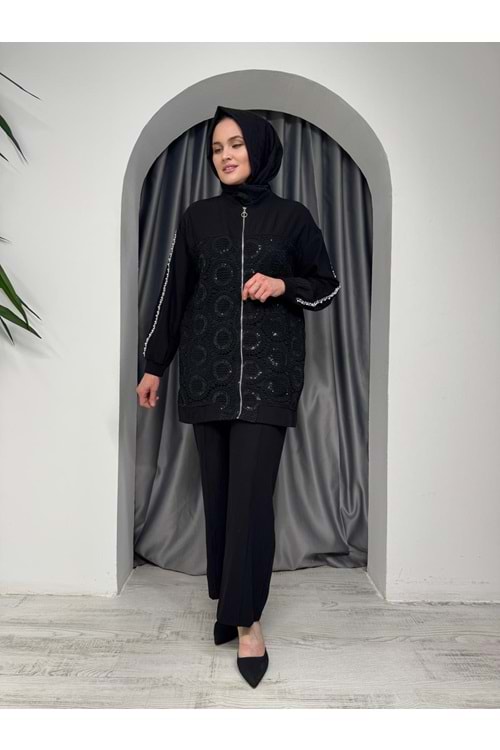 Önü Dantel Kolları Boncuk Detaylı Takım 120128 - Siyah - 36 - AZRA05475-45925