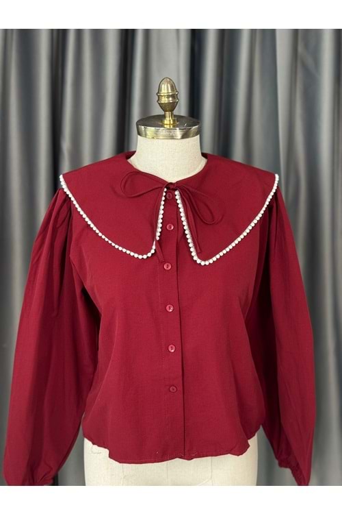 Bebe Yaka İnci Detaylı Crop Gömlek 792 - Bordo - S-M - AZRA05679-46777