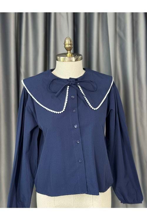 Bebe Yaka İnci Detaylı Crop Gömlek 792 - Lacivert - L-XL - AZRA05679-46782